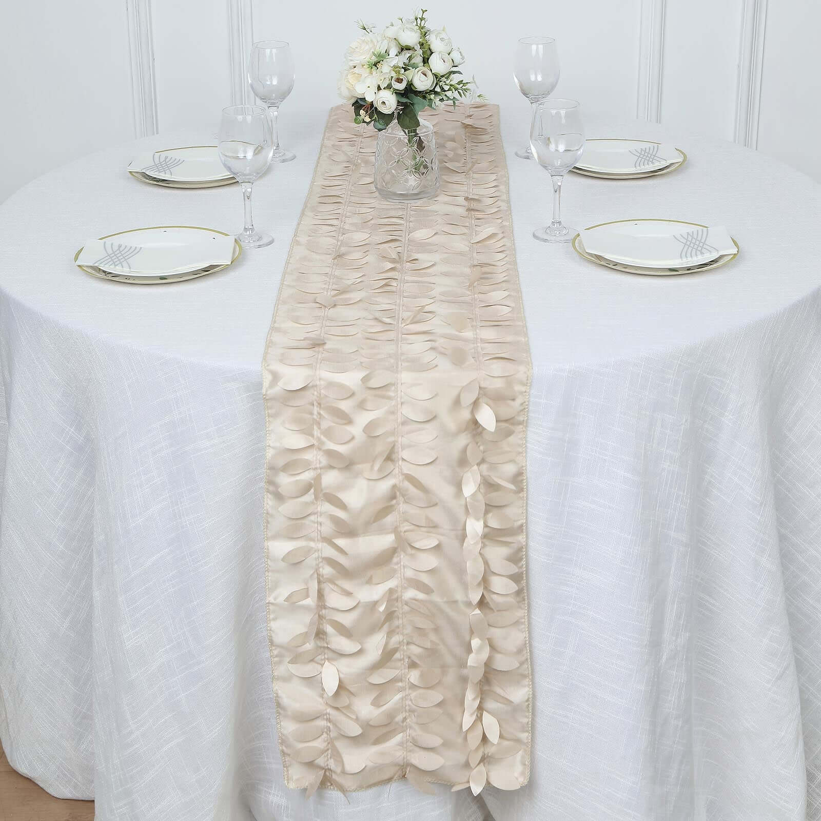 Taffeta Fabric 12"x108" Table Runner Beige - 3D Leaf Petal Design Pro Linens