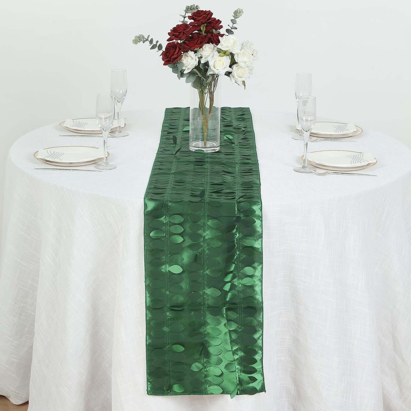 Taffeta Fabric 12"x108" Table Runner Green - 3D Leaf Petal Design Pro Linens