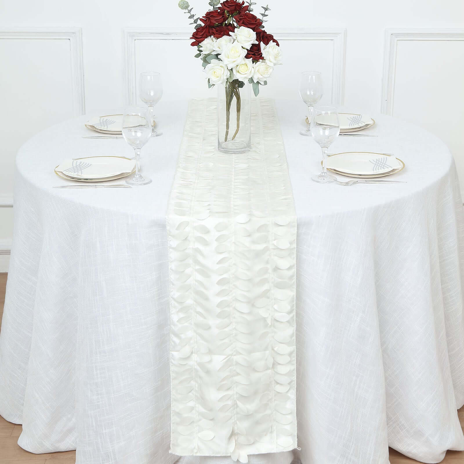 Taffeta Fabric 12"x108" Table Runner Ivory - 3D Leaf Petal Design Pro Linens