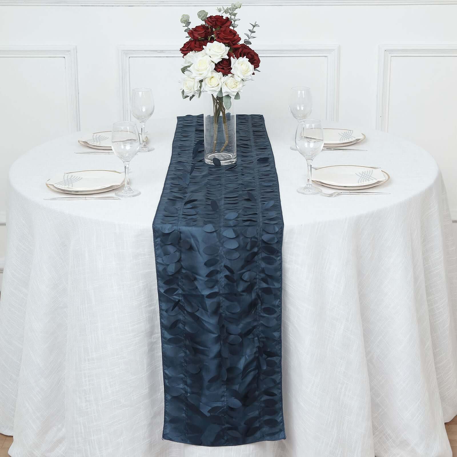 Taffeta Fabric 12"x108" Table Runner Navy Blue - 3D Leaf Petal Design Pro Linens