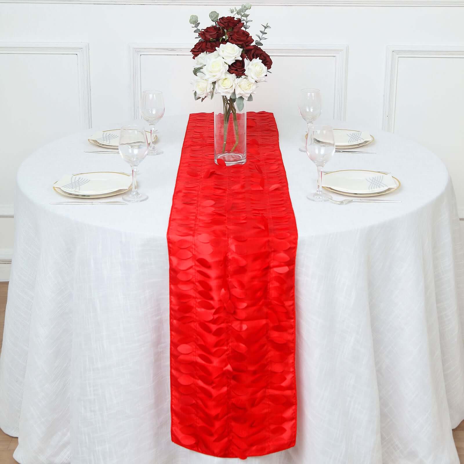 Taffeta Fabric 12"x108" Table Runner Red - 3D Leaf Petal Design Pro Linens