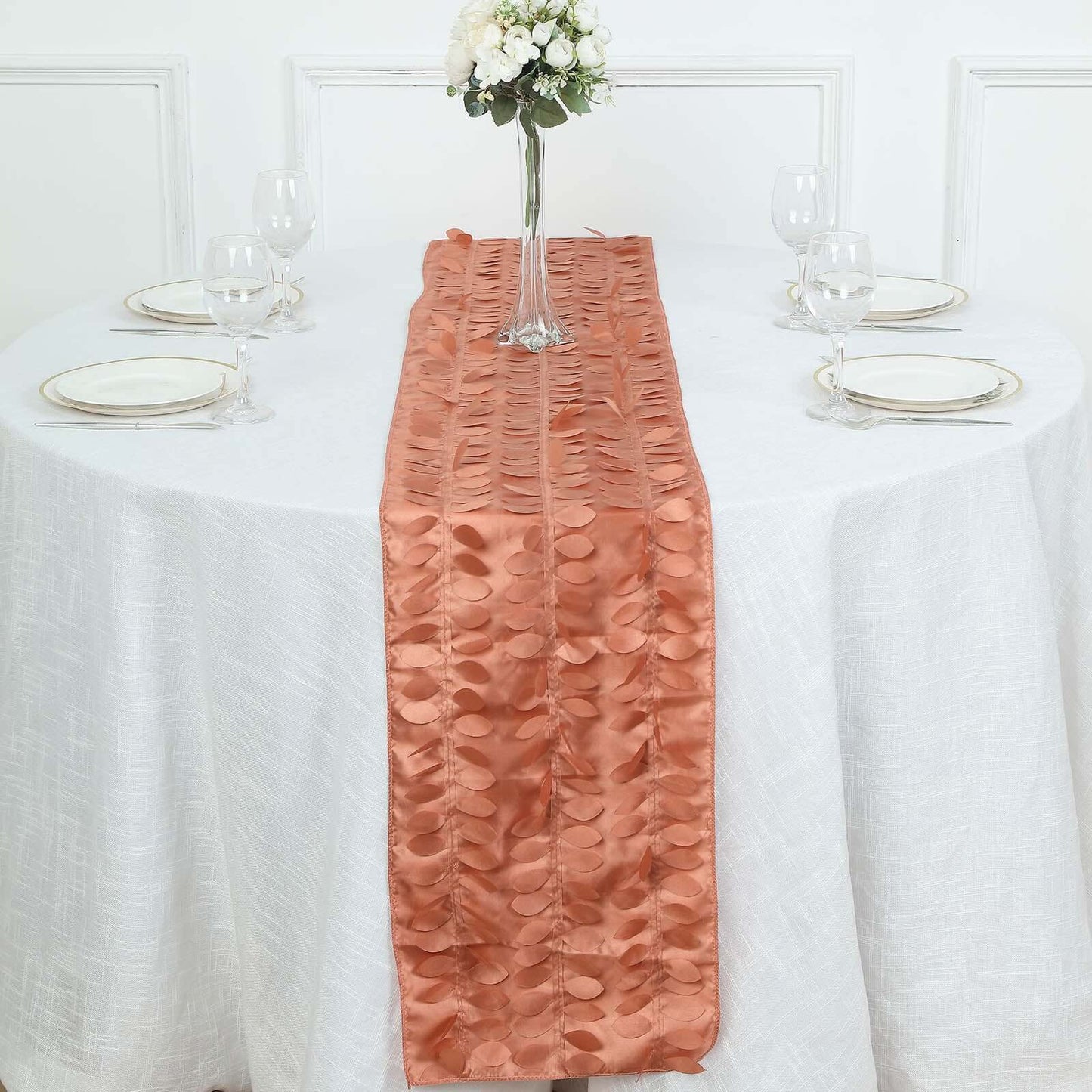 Taffeta Fabric 12"x108" Table Runner Terracotta (Rust) - 3D Leaf Petal Design Pro Linens