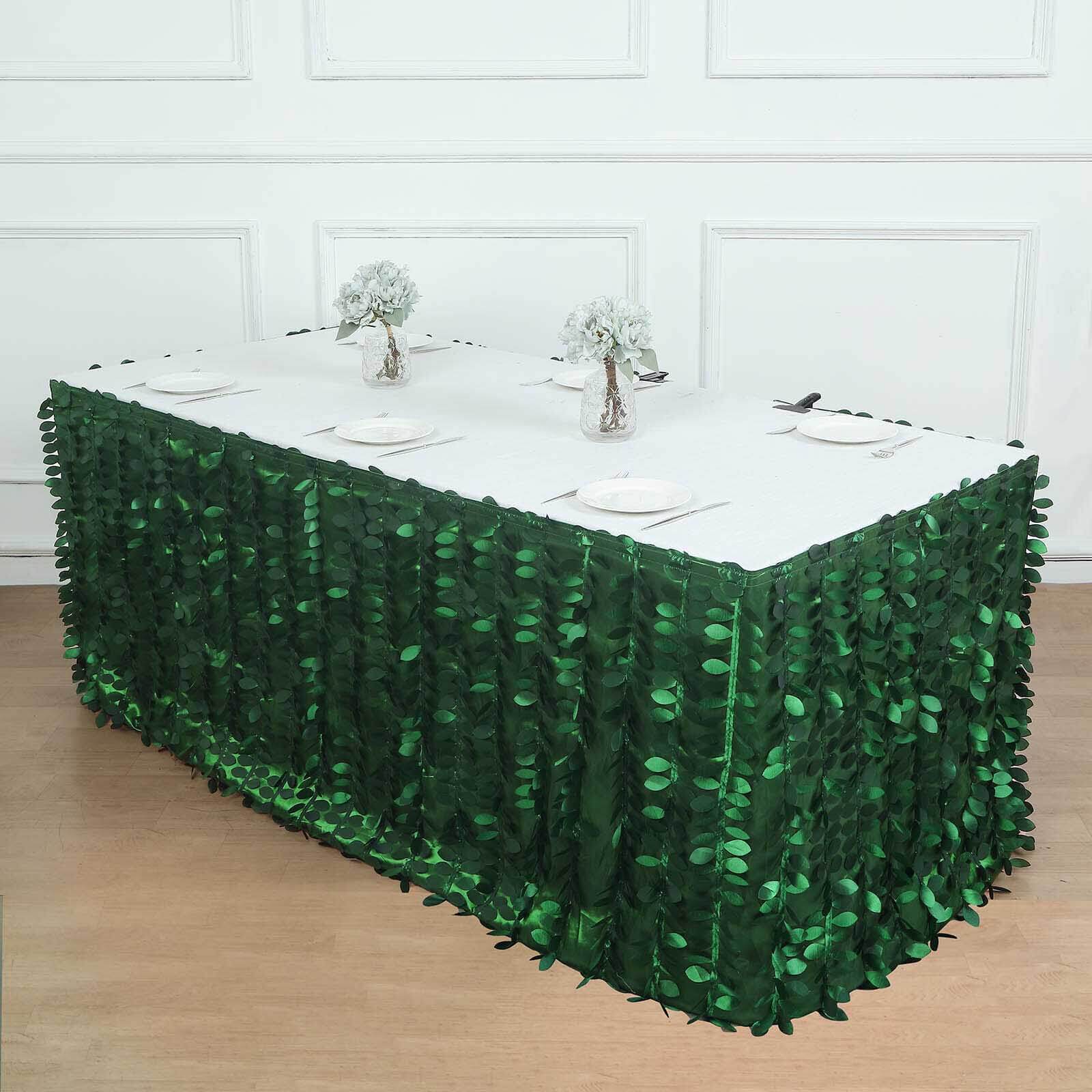 Taffeta Fabric 14ft Table Skirt Green 3D Leaf Petal Design - Exquisite & Stylish Event Table Cover Pro Linens