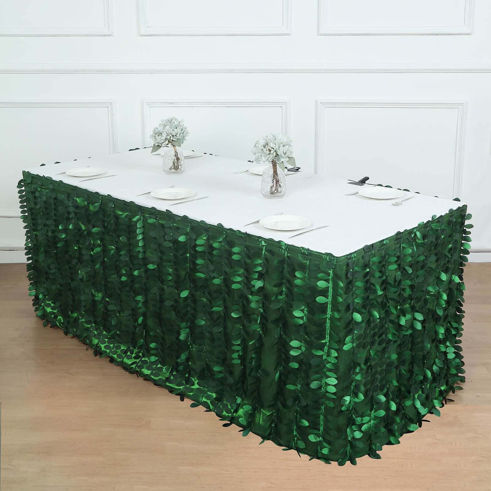 Taffeta Fabric 17ft Table Skirt Green 3D Leaf Petal Design - Exquisite & Stylish Event Table Cover Pro Linens