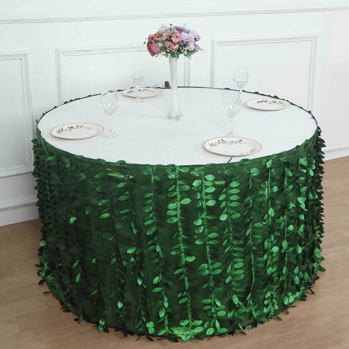 Taffeta Fabric 21ft Table Skirt Green 3D Leaf Petal Design - Exquisite & Stylish Event Table Cover Pro Linens