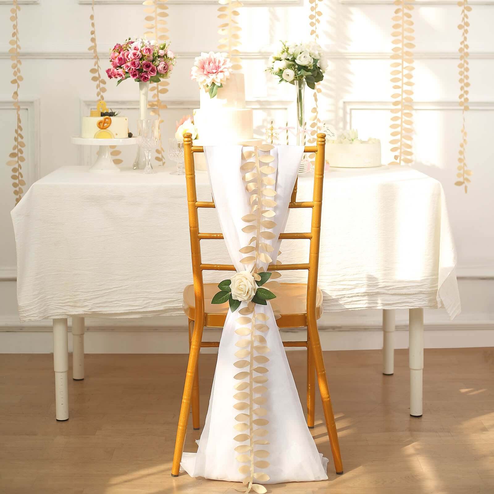 Taffeta Ribbon Sash with 4" Leaf Petal Design Champagne 50ft - Sophisticated Artificial Fabric Garland Pro Linens