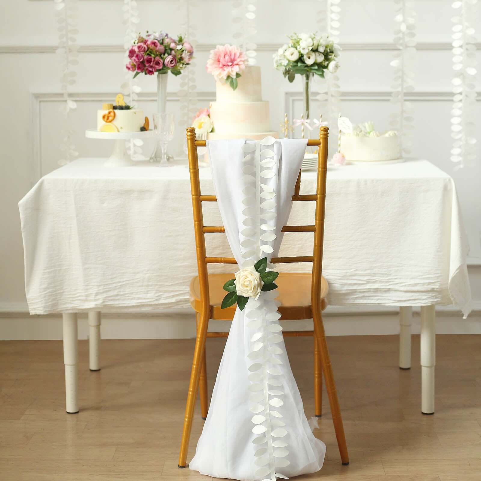 Taffeta Ribbon Sash with 4" Leaf Petal Design Ivory 50ft - Sophisticated Artificial Fabric Garland Pro Linens