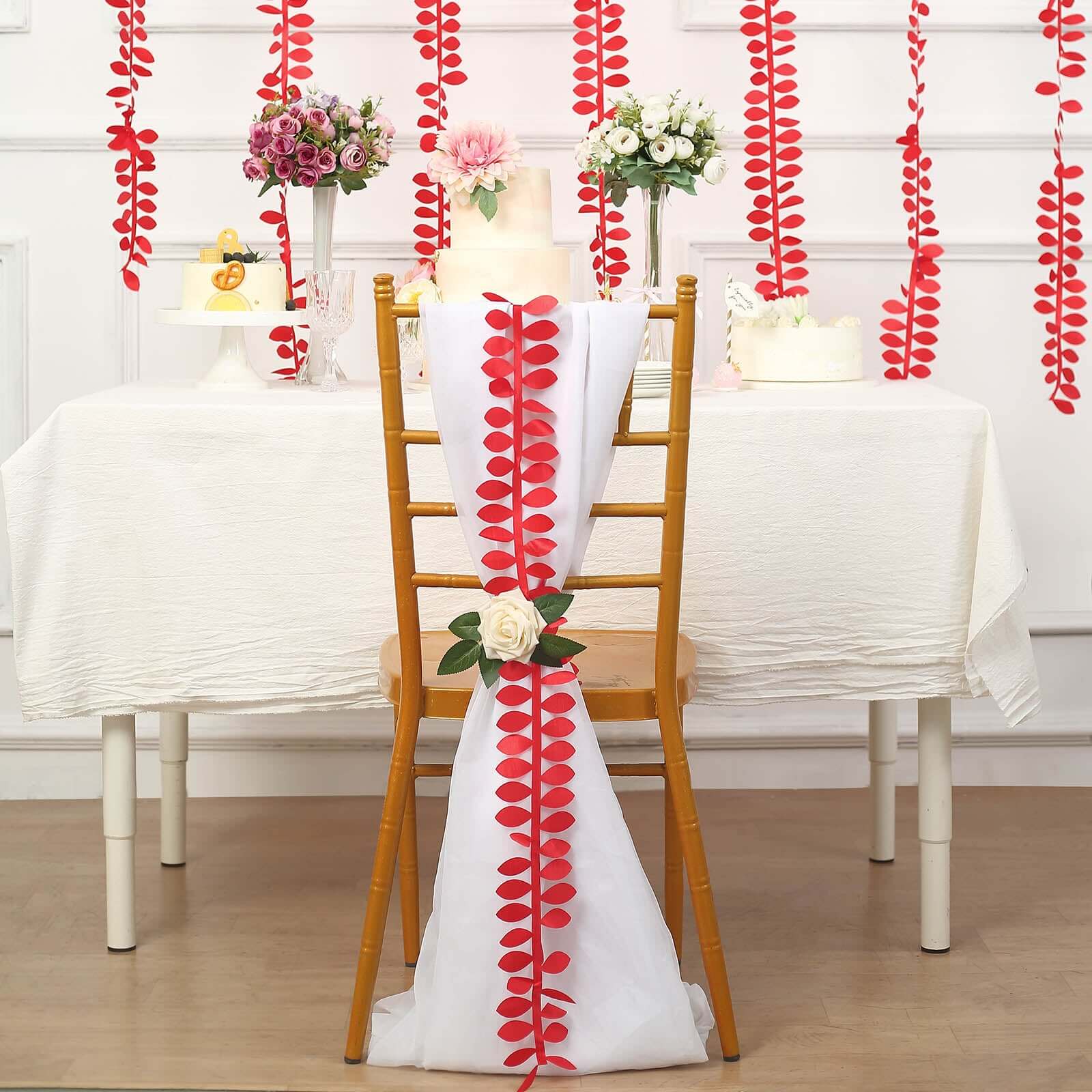 Taffeta Ribbon Sash with 4" Leaf Petal Design Red 50ft - Sophisticated Artificial Fabric Garland Pro Linens