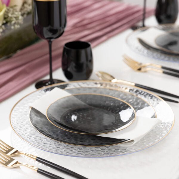 Transparent Black and Gold Round Hammered Plastic Plates - Organic Hammered Plate Pro Linens