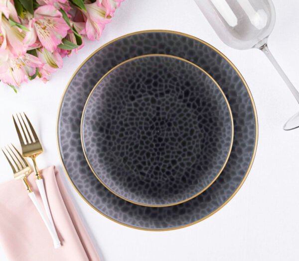 Transparent Black and Gold Round Hammered Plastic Plates - Organic Hammered Plate Pro Linens