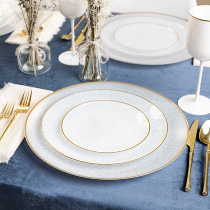 Transparent White and Gold Round Hammered Plastic Plates - Organic Hammered Plate Pro Linens