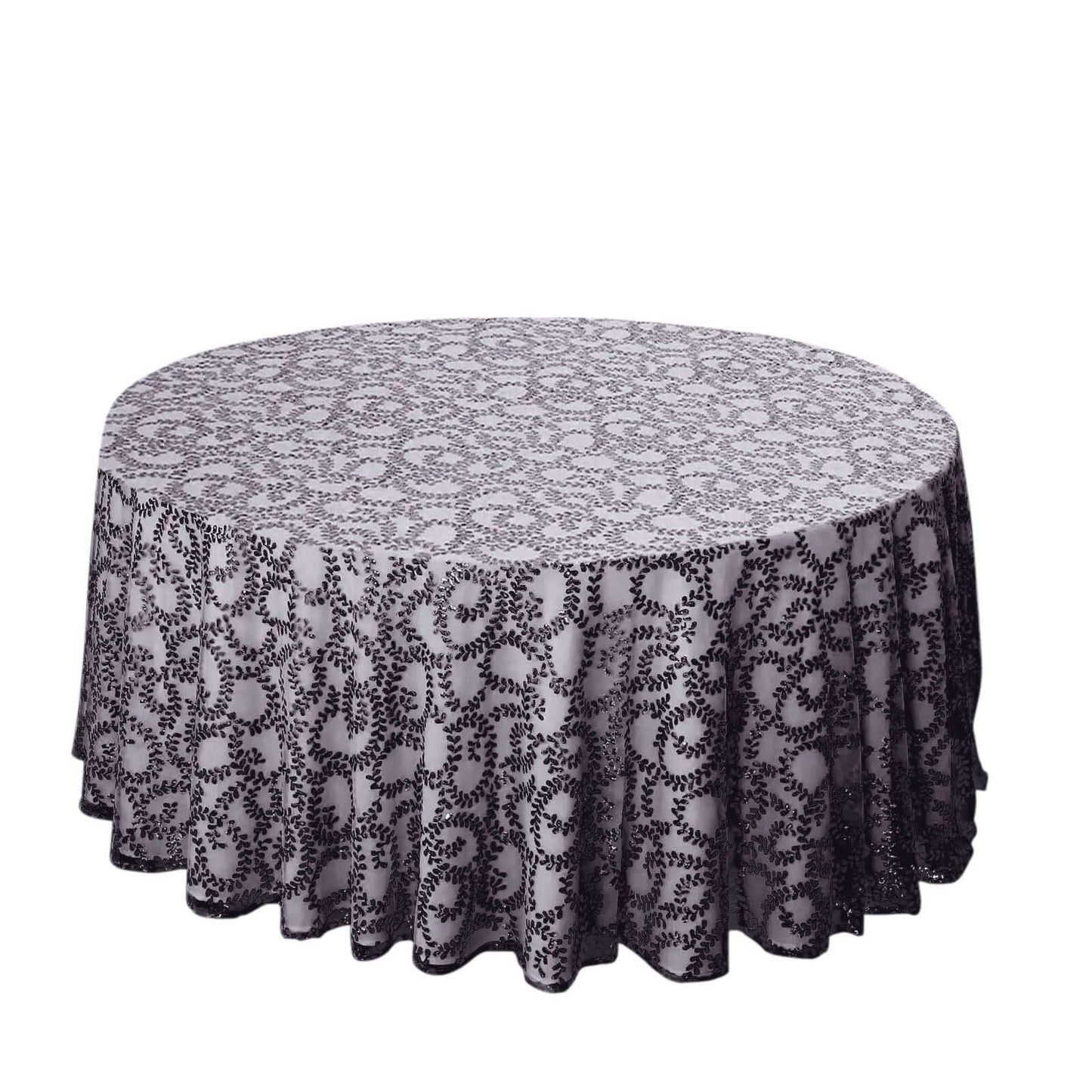 Tulle 120" Round Tablecloth Black - Seamless Sequin Leaf Embroidered Table Cover - Pro Linens