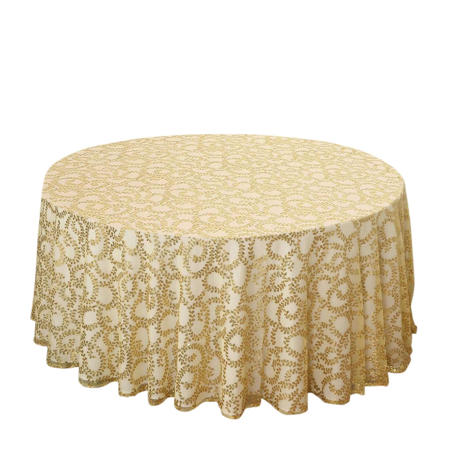 Tulle 120" Round Tablecloth Gold - Seamless Sequin Leaf Embroidered Design for Sophisticated Occasions - Pro Linens