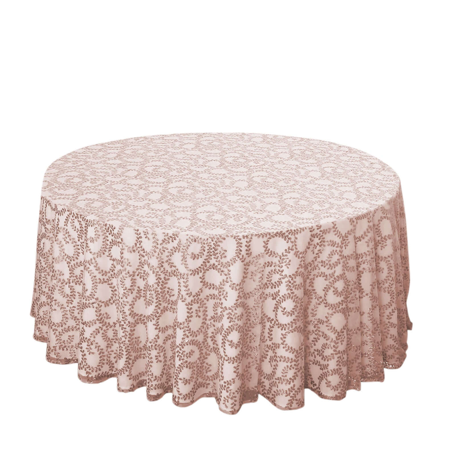 Tulle 120" Round Tablecloth Rose Gold - Seamless Sequin Leaf Embroidered Table Cover - Pro Linens