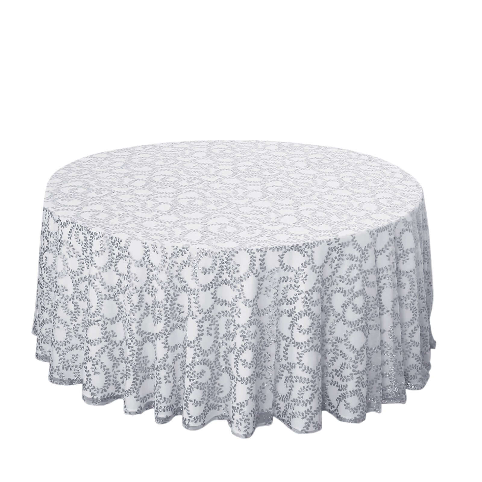 Tulle 120" Round Tablecloth Silver - Seamless Sequin Leaf Embroidered Table Cover - Pro Linens