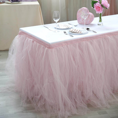 Tulle 14ft Table Skirt Blush - 4 Layer Pleated Tutu Table Cover Pro Linens