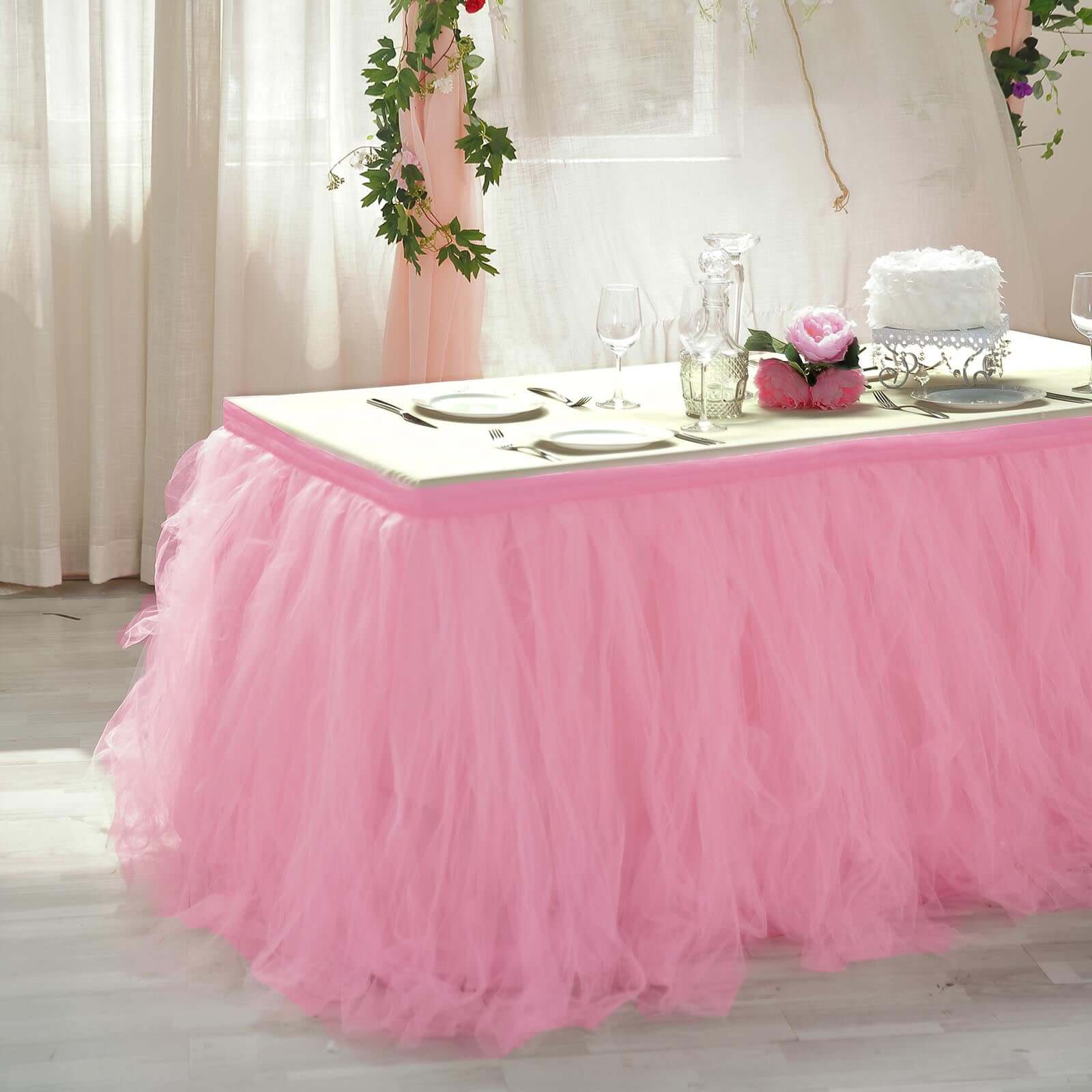 Tulle 17ft Table Skirt Pink/Rose Quartz - 4 Layer Pleated Tutu Table Cover Pro Linens