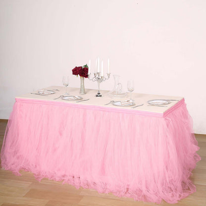 Tulle 21ft Table Skirt Pink/Rose Quartz - 4 Layer Pleated Tutu Table Cover Pro Linens