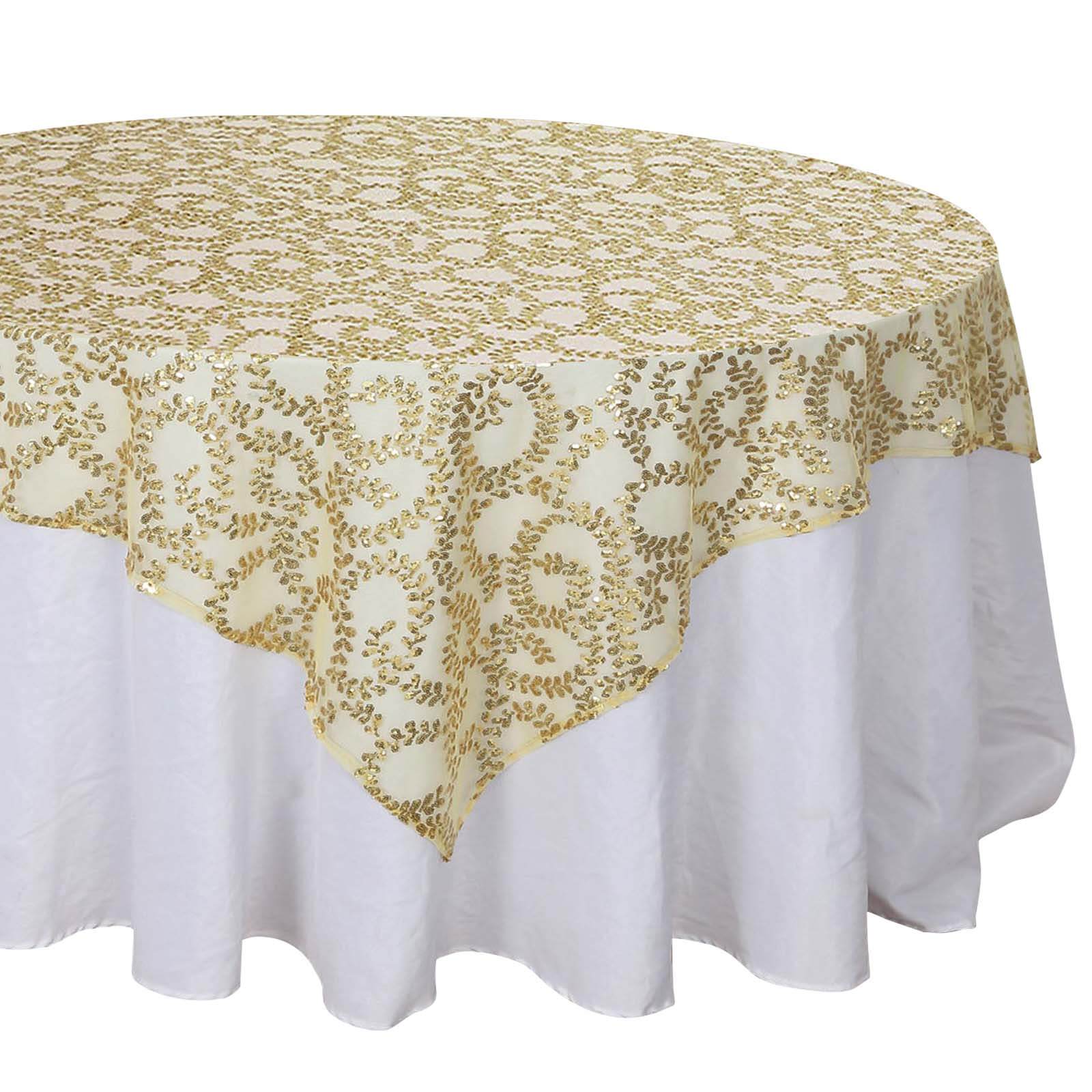 Tulle 72"x72" Table Overlay Square Tablecloth Gold - Sequin Leaf Embroidered Design for Stylish Occasions Pro Linens