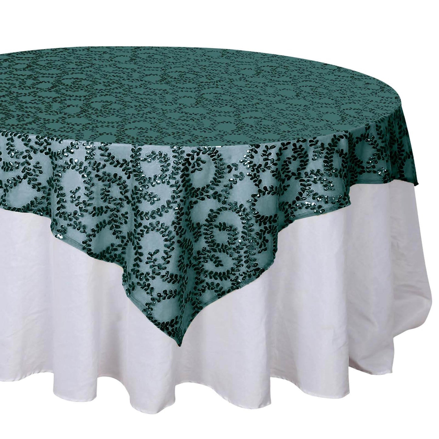 Tulle 72"x72" Table Overlay Square Tablecloth Hunter Emerald Green - Sequin Leaf Embroidered Table Topper Pro Linens