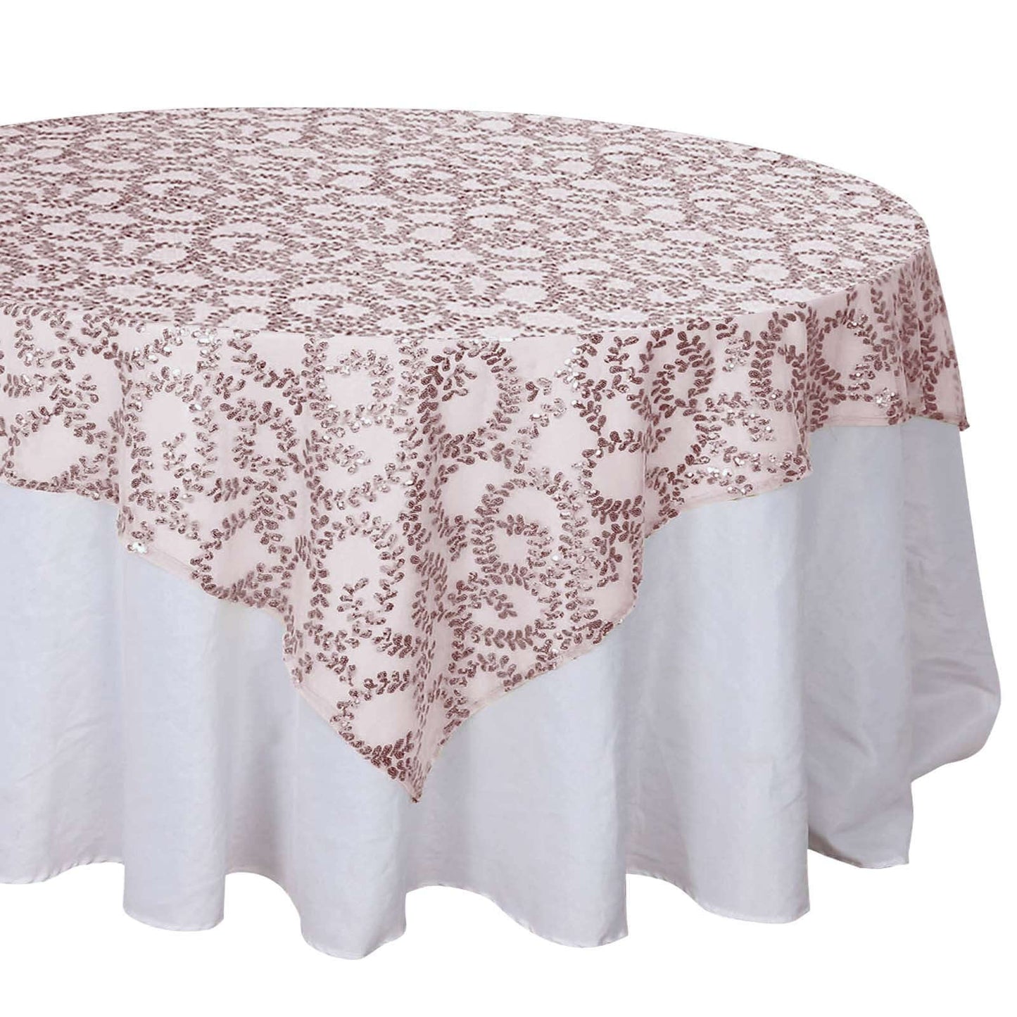 Tulle 72"x72" Table Overlay Square Tablecloth Rose Gold - Sequin Leaf Embroidered Table Topper Pro Linens