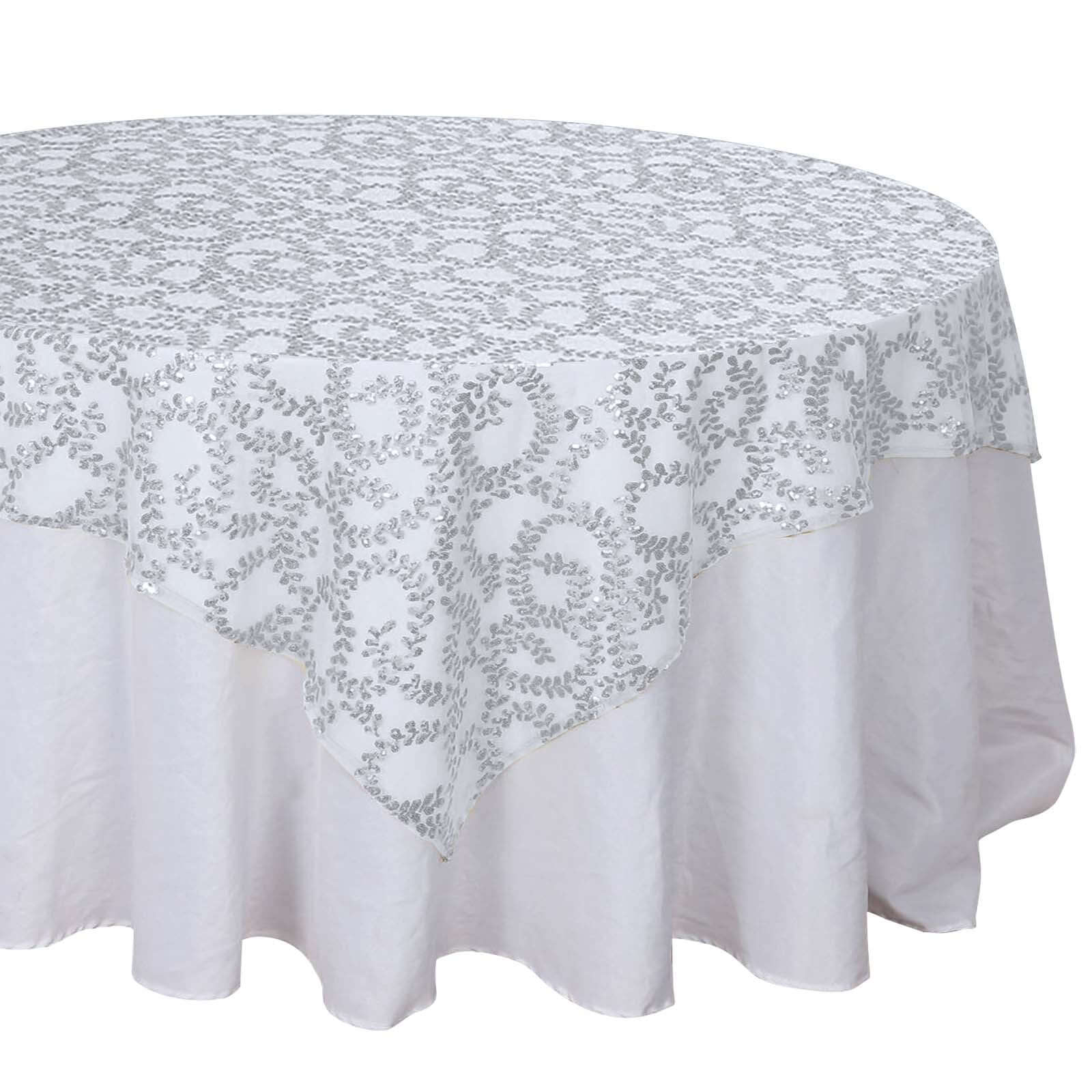 Tulle 72"x72" Table Overlay Square Tablecloth Silver - Sequin Leaf Embroidered Table Topper Pro Linens