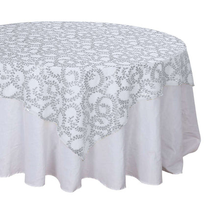 Tulle 72"x72" Table Overlay Square Tablecloth Silver - Sequin Leaf Embroidered Table Topper Pro Linens