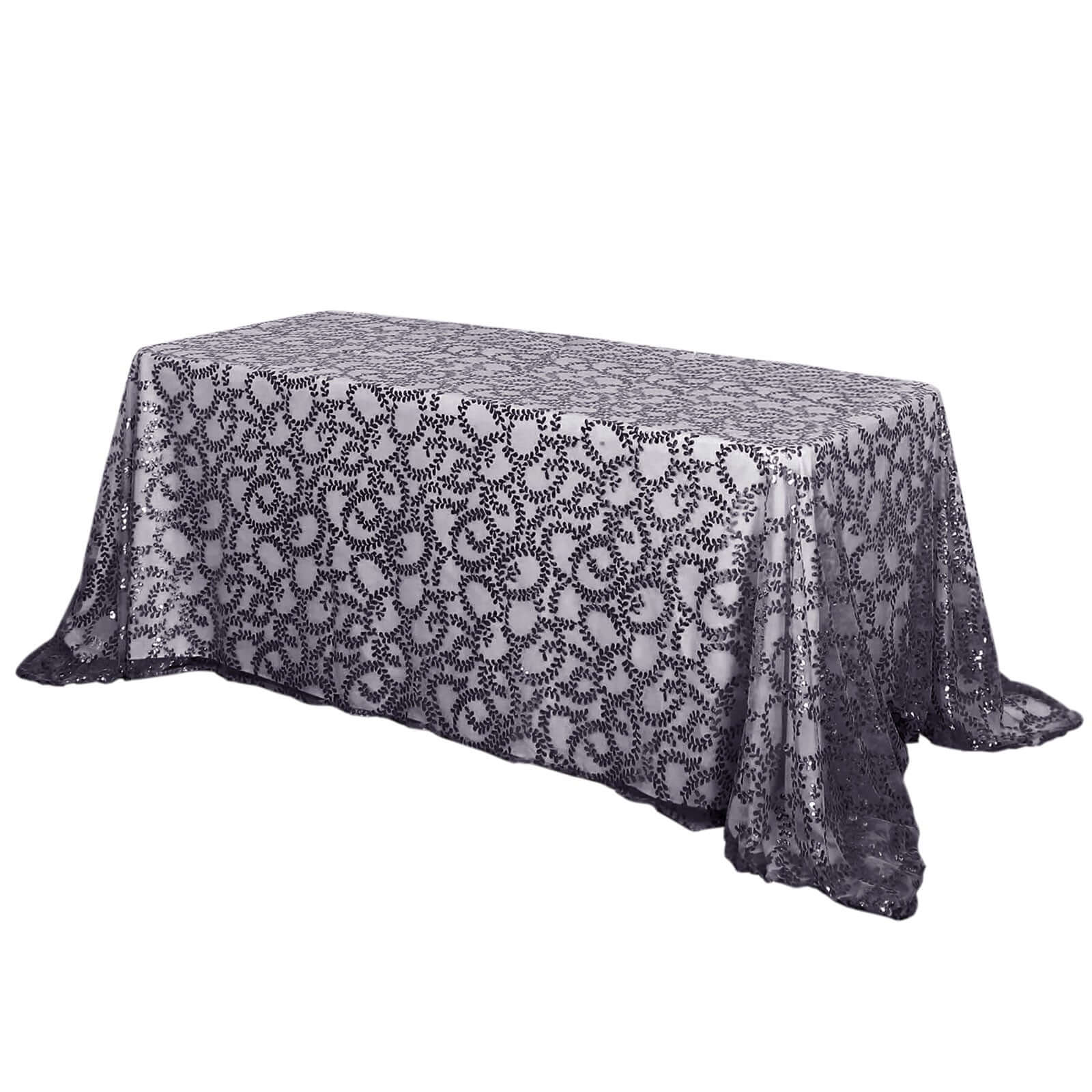 Tulle 90"x156" Rectangle Tablecloth Black - Sequin Leaf Embroidered Table Cover - Pro Linens