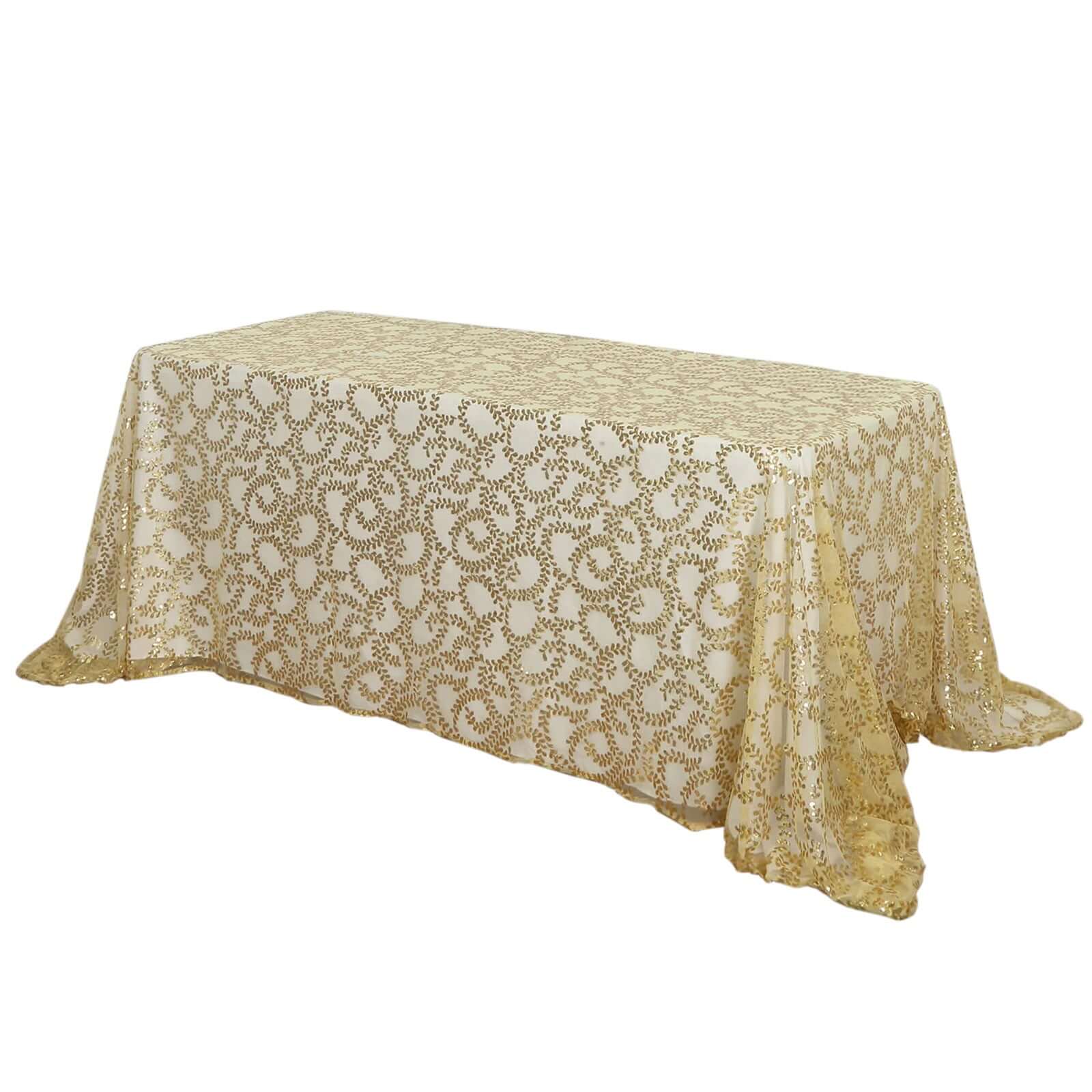 Tulle 90"x156" Rectangle Tablecloth Gold - Sequin Leaf Embroidered Design for Luxe Celebrations - Pro Linens