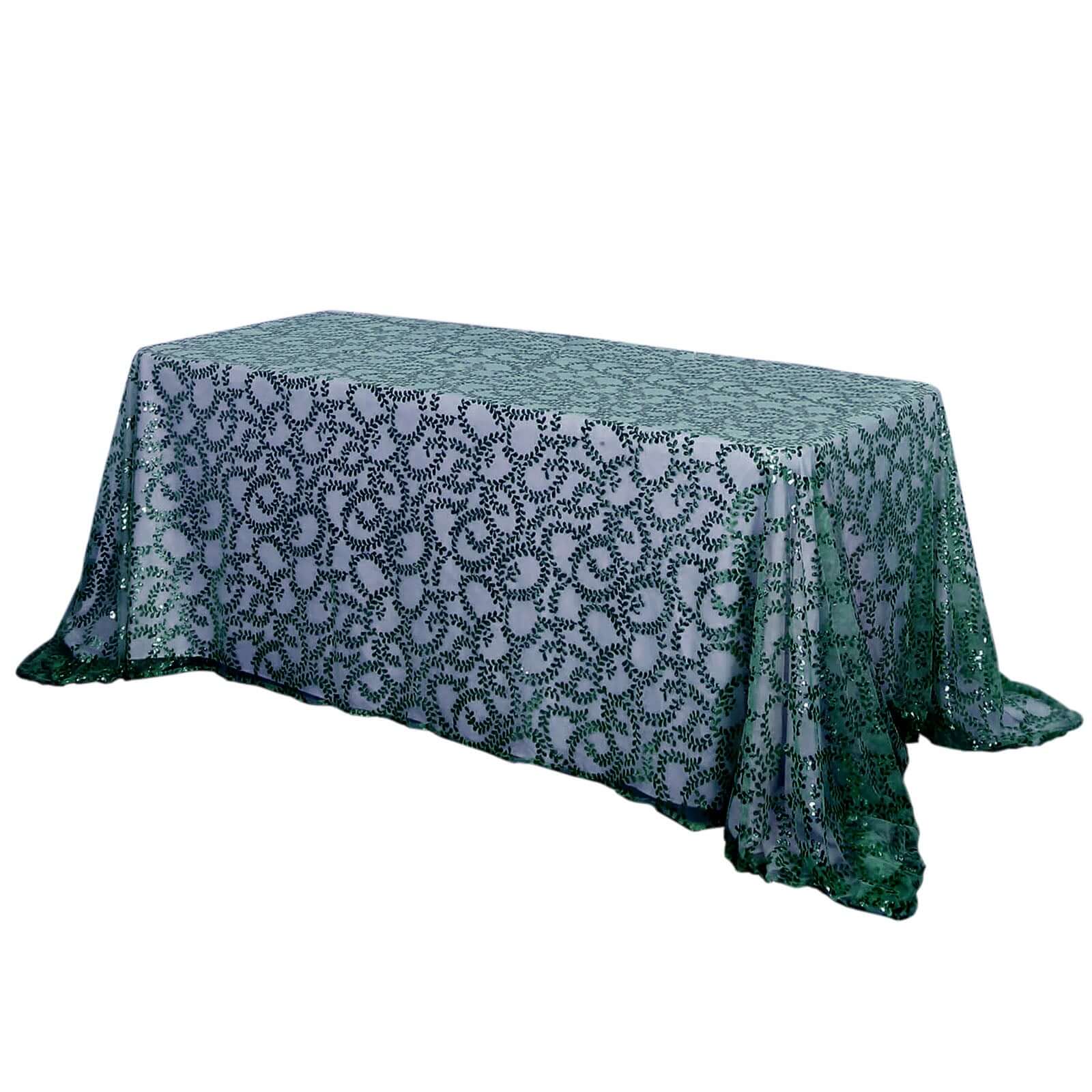 Tulle 90"x156" Rectangle Tablecloth Hunter Emerald Green - Sequin Leaf Embroidered Table Cover - Pro Linens