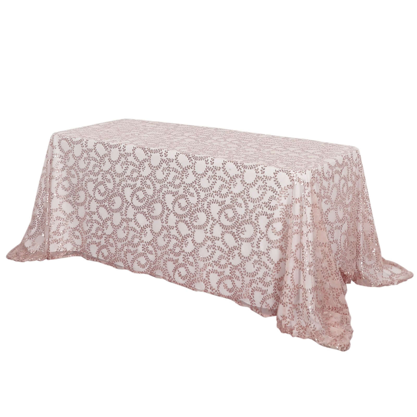 Tulle 90"x156" Rectangle Tablecloth Rose Gold - Sequin Leaf Embroidered Table Cover - Pro Linens