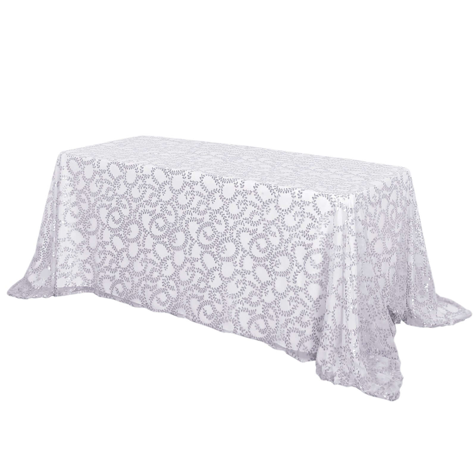 Tulle 90"x156" Rectangle Tablecloth Silver - Sequin Leaf Embroidered Table Cover - Pro Linens