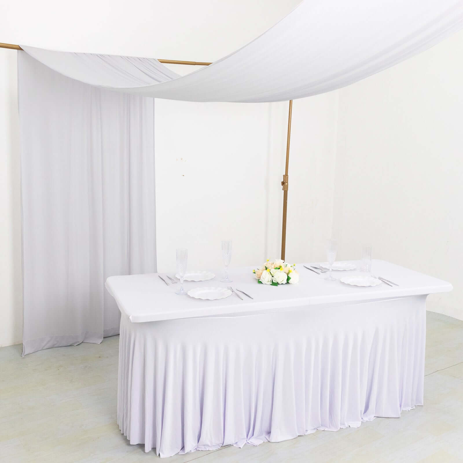 White 4-Way Stretch Spandex Event Curtain Drapes, Wrinkle Free Backdrop Event Panel with Rod Pockets - 5ftx18ft Pro Linens