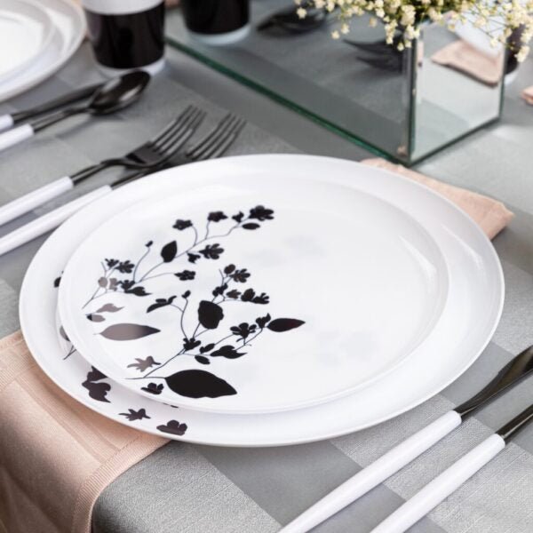 White and Black Round Plastic Plates - Garden Plate Pro Linens