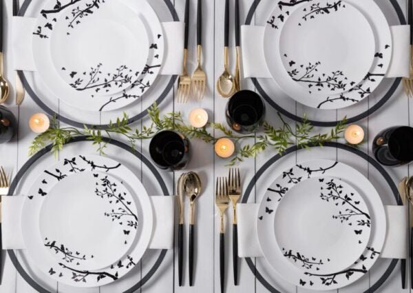 White and Black Round Plastic Plates - Spring Plate Pro Linens