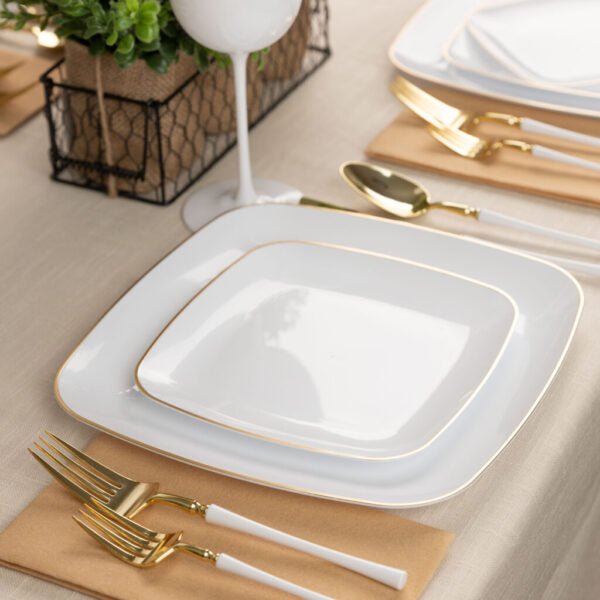 White and Gold Rim Square Plastic Plates 10 Pack - Organic Plate Pro Linens