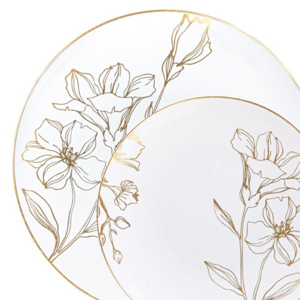 White and Gold Round Plastic Plate 10 Pack - Antique Floral Plate Pro Linens