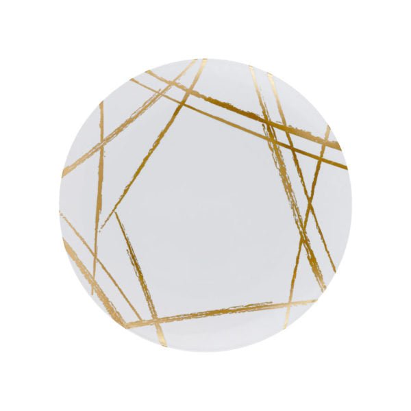 White and Gold Round Plastic Plate 10 Pack - Brush Plate Pro Linens