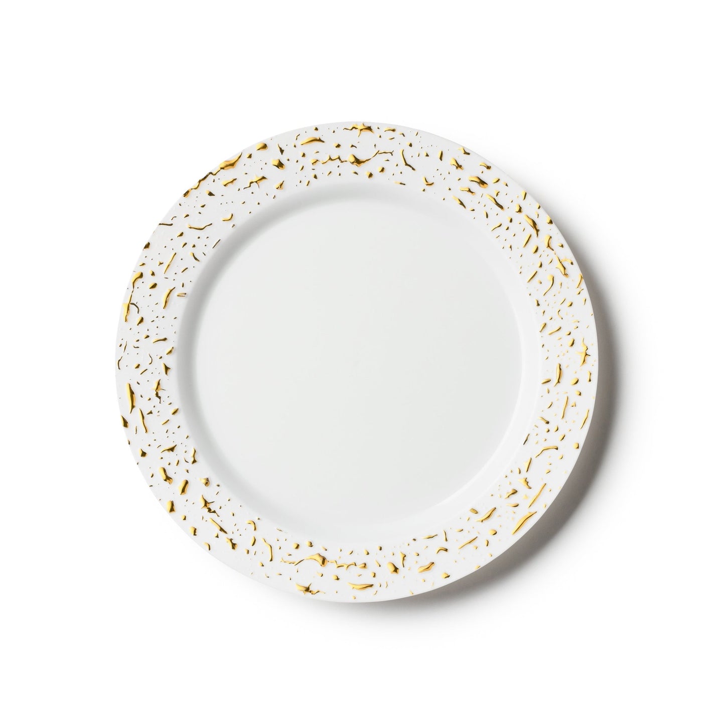 White and Gold Round Plastic Plates 10 Count - Pebbled Plate Pro Linens