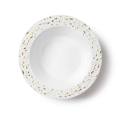 White and Gold Round Plastic Plates 10 Count - Pebbled Plate Pro Linens