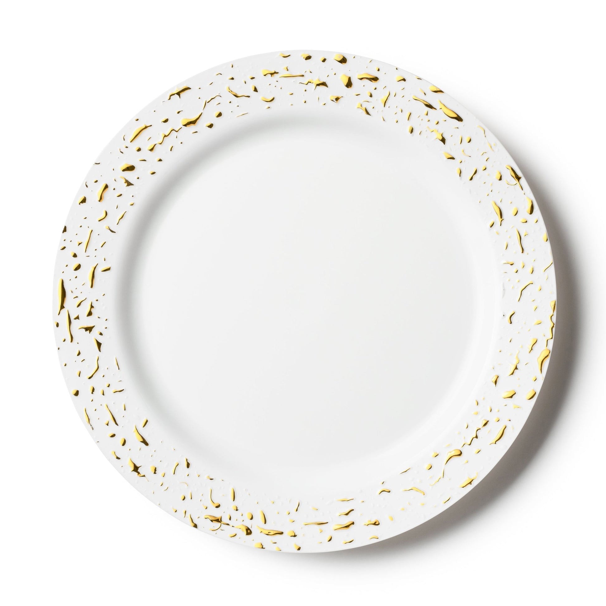 White and Gold Round Plastic Plates 10 Count - Pebbled Plate Pro Linens