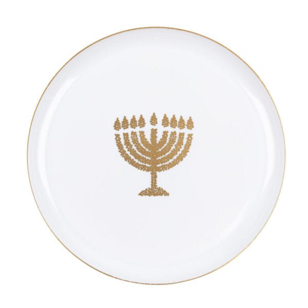 White and Gold Round Plastic Plates 10 Pack - Chanukah Plate Pro Linens