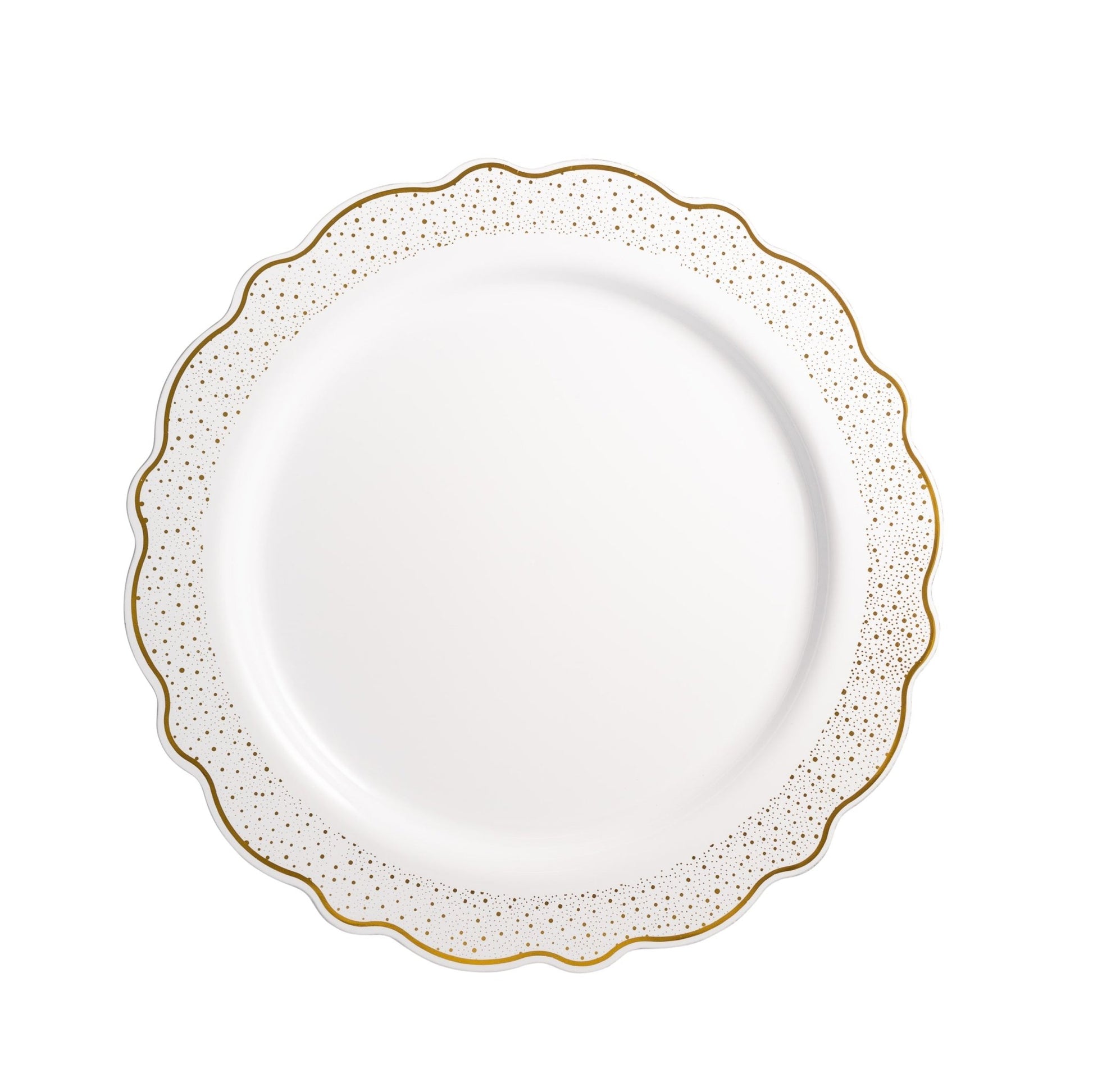 White and Gold Round Plastic Plates - Confetti Plate Pro Linens