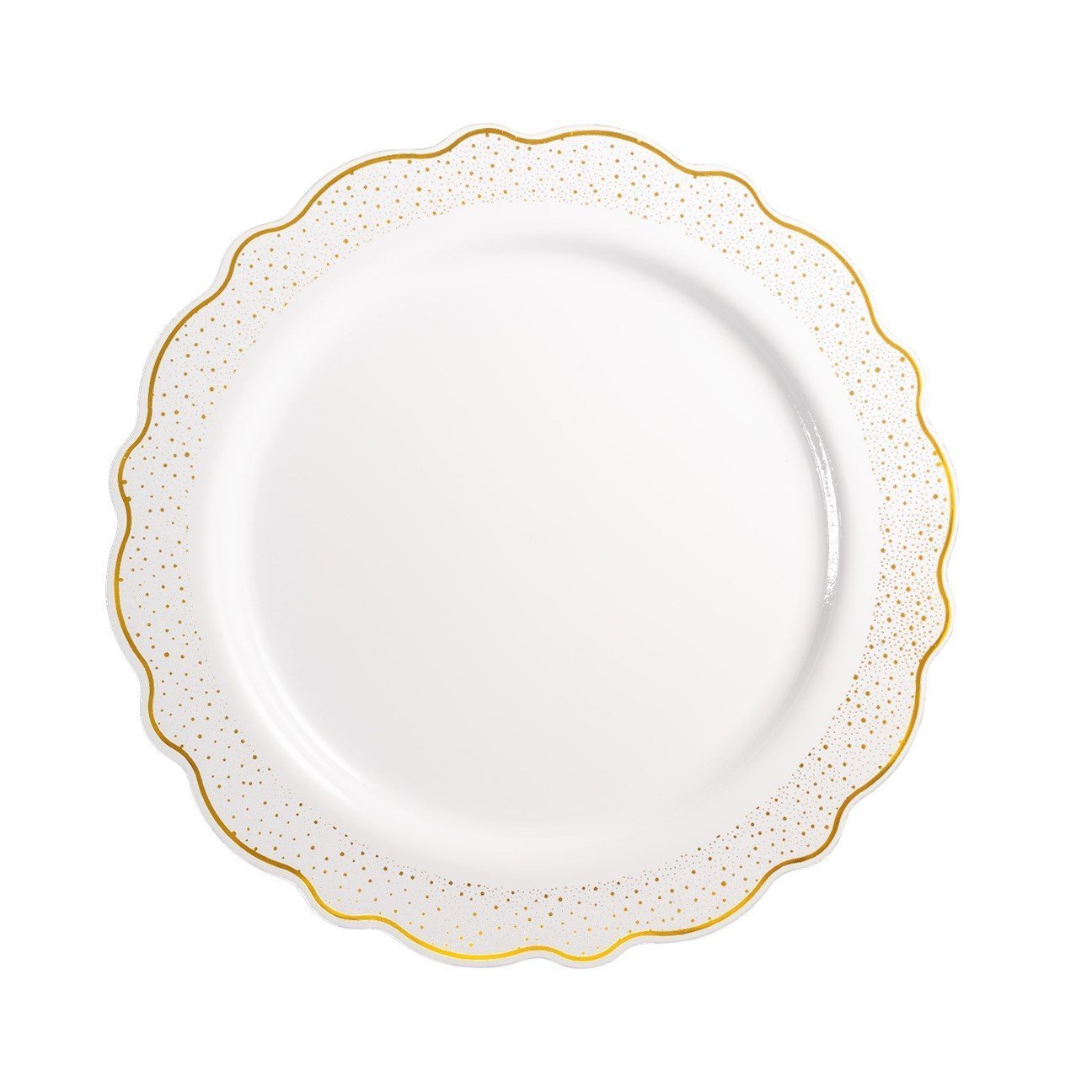 White and Gold Round Plastic Plates - Confetti Plate Pro Linens