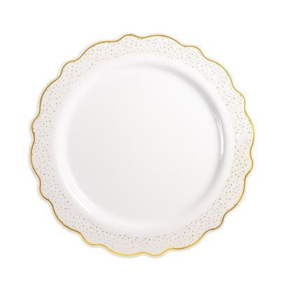 White and Gold Round Plastic Plates - Confetti Plate Pro Linens