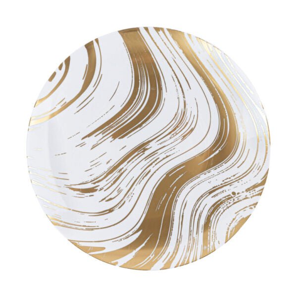 White and Gold Round Plastic Plates - Curve Plate Pro Linens