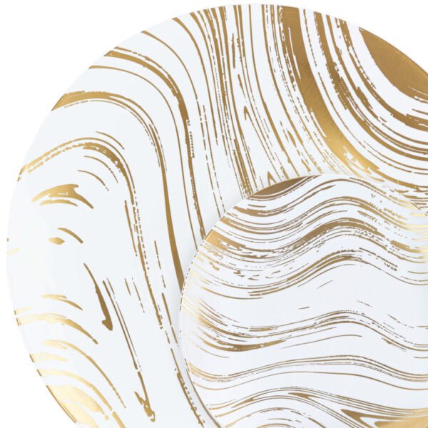 White and Gold Round Plastic Plates - Curve Plate Pro Linens