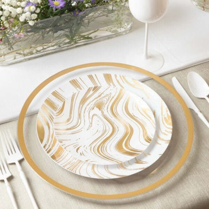 White and Gold Round Plastic Plates - Curve Plate Pro Linens