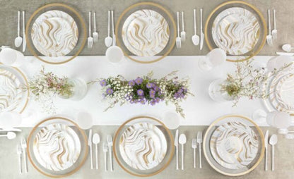 White and Gold Round Plastic Plates - Curve Plate Pro Linens