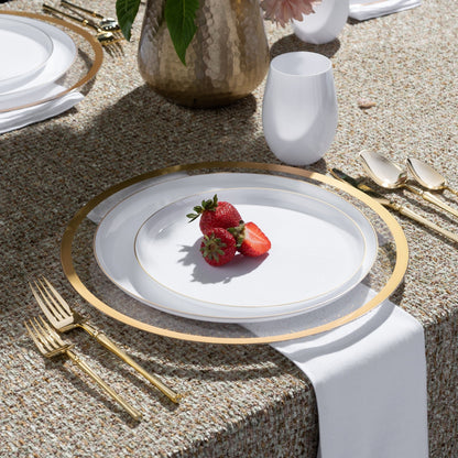 White and Gold Round Plastic Plates - Edge Plate Pro Linens